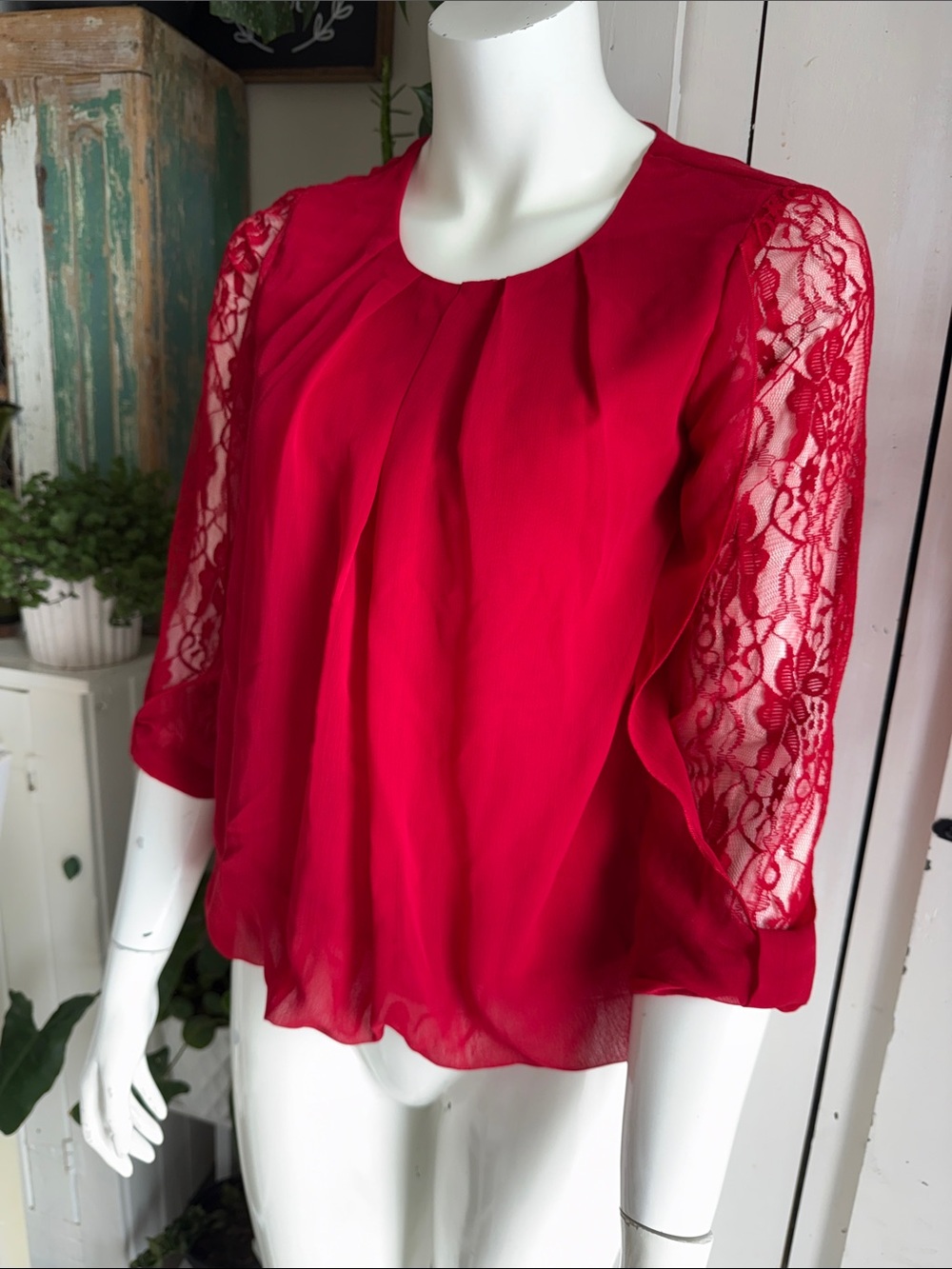 Suzy Shier Red Lace Sleeve sheer Women's Blouse  NWOT XS